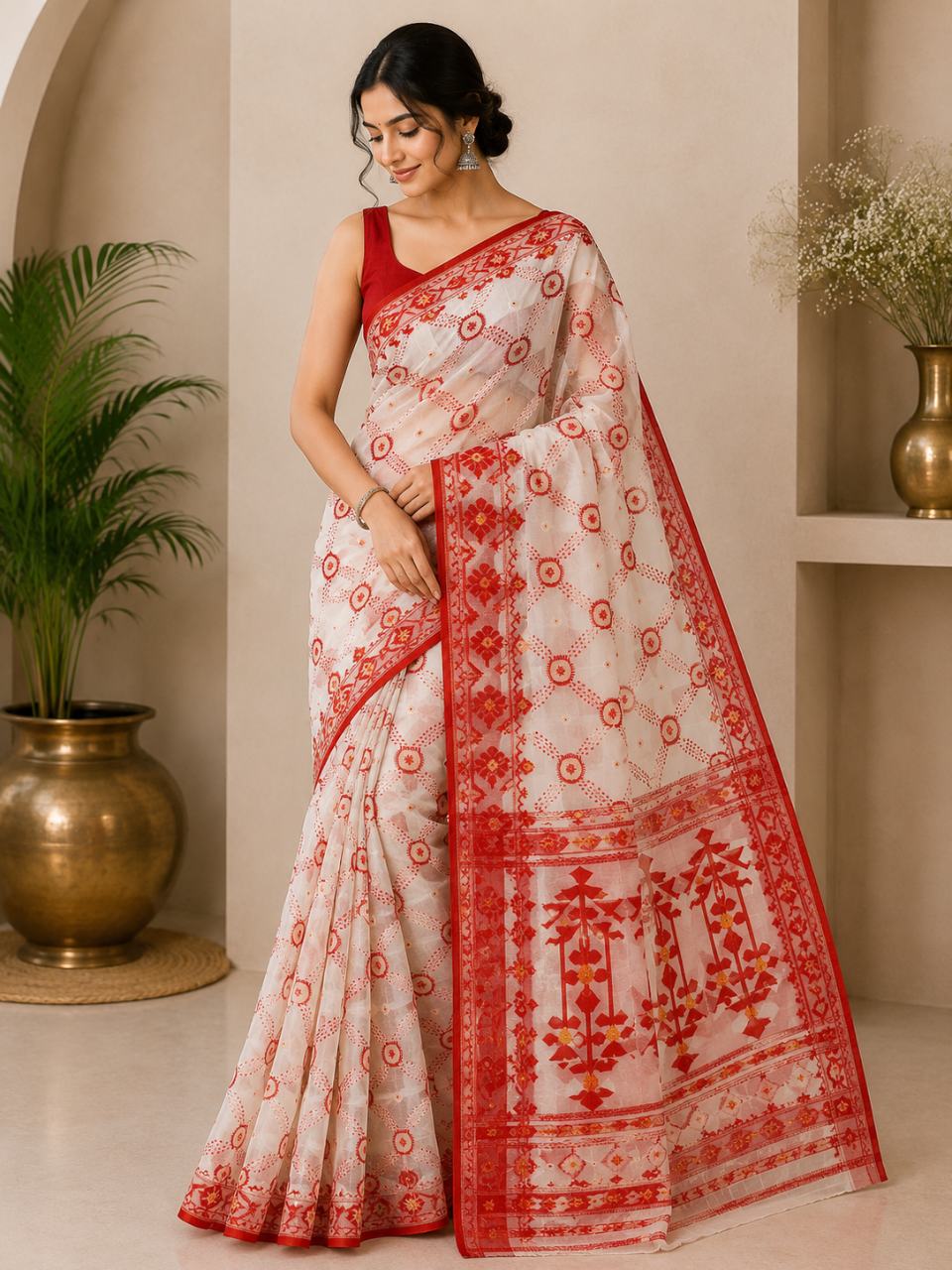 White & Red BD Dhakai Jamdani Saree