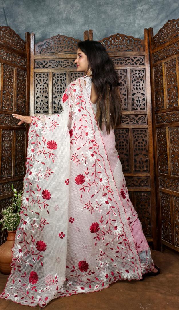 White & Red Embroidery Work Saree