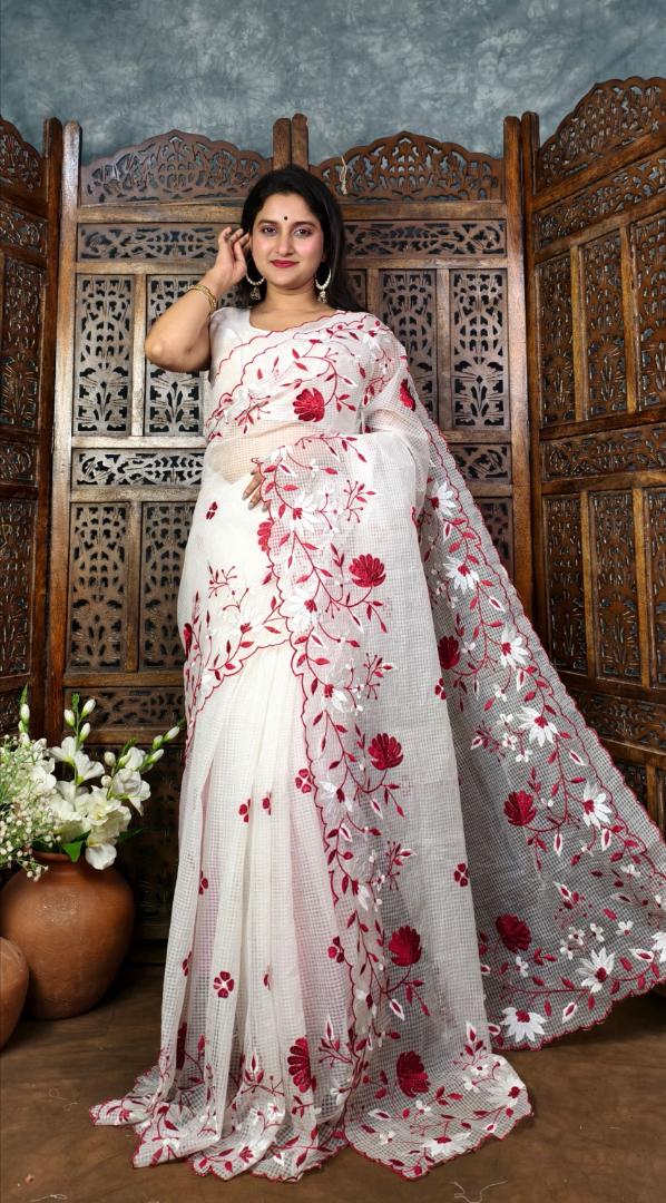 White & Red Embroidery Work Saree