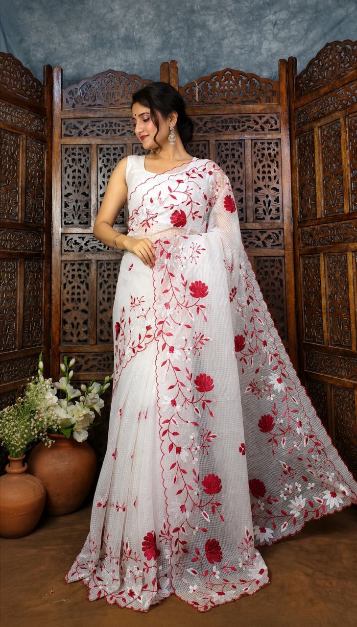 White & Red Embroidery Work Saree