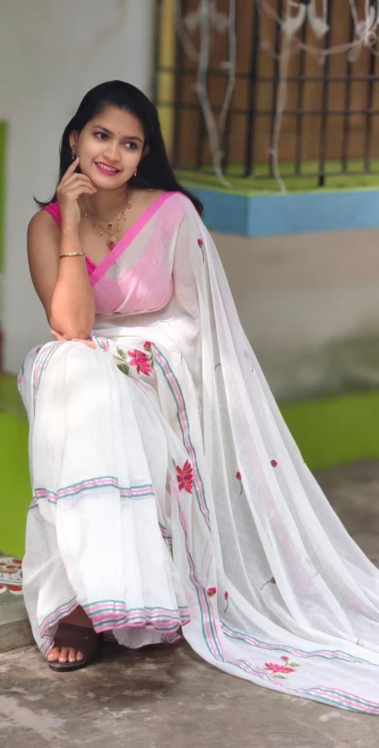 White Soft Embroidery Work Saree