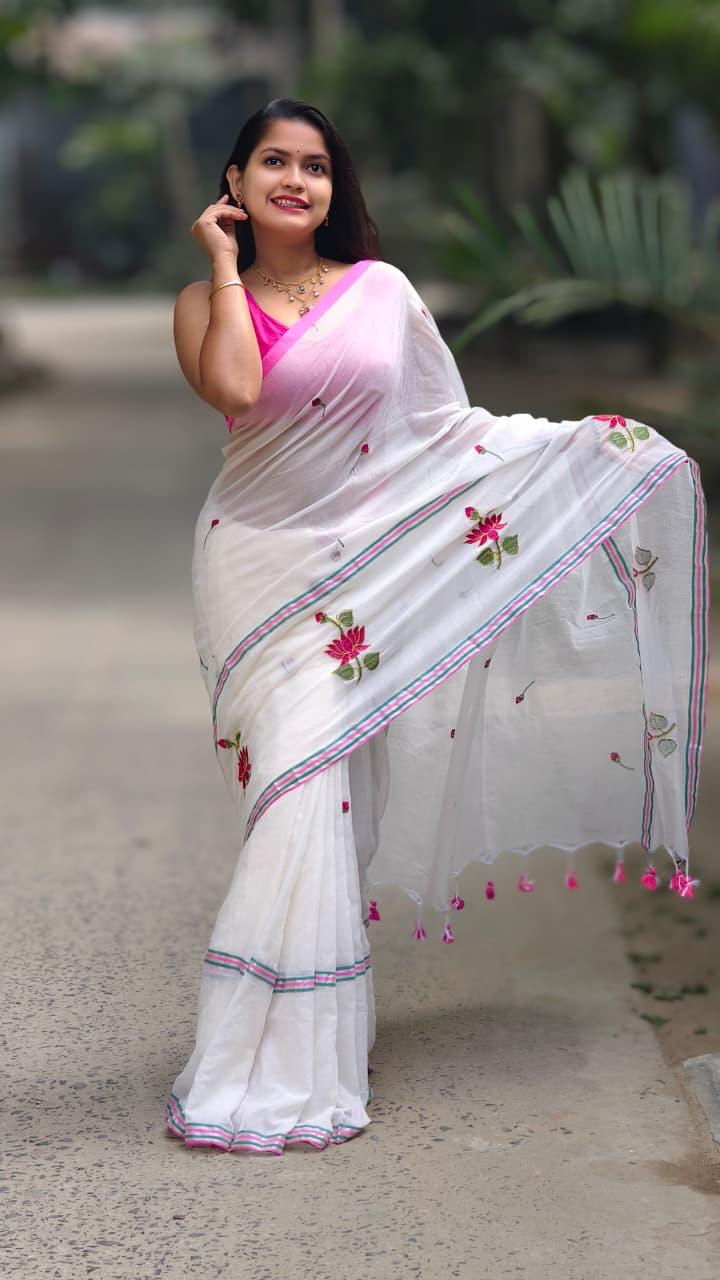 White Soft Embroidery Work Saree