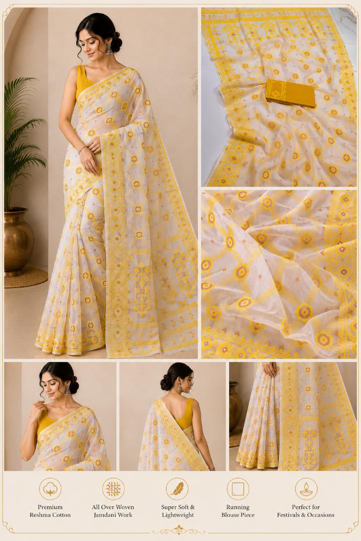 White & Yellow BD Dhakai Jamdani Saree