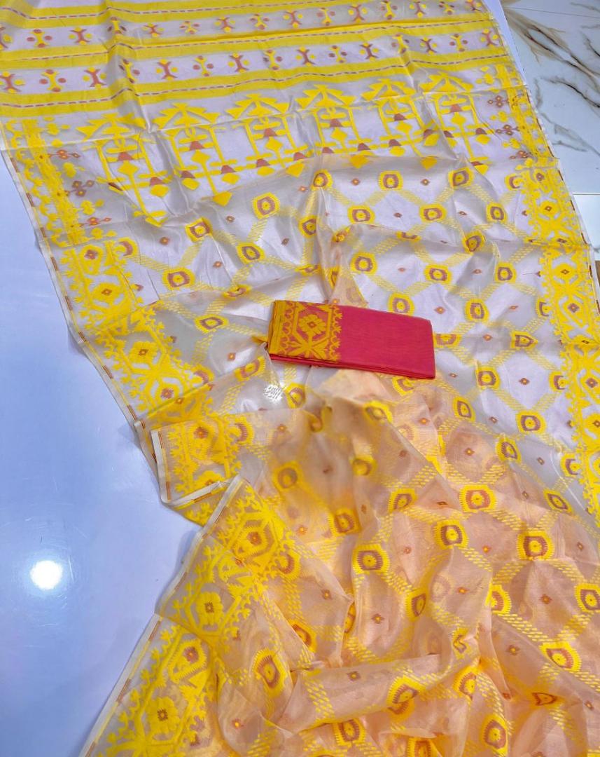 White & Yellow BD Dhakai Jamdani Saree