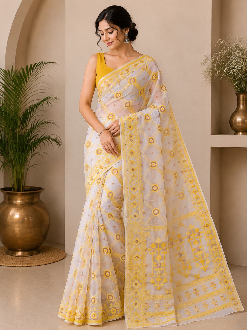 White & Yellow BD Dhakai Jamdani Saree